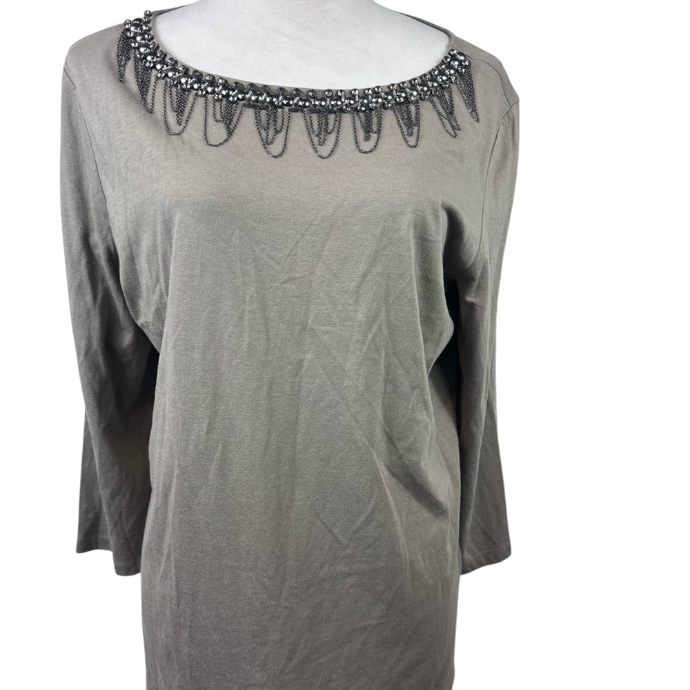 Chico’s olive green/gray top with jeweled chain neckline size 2-large/12 - Picture 2 of 9